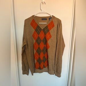 John Ashford V Neck Sweater XL Men Tan Orange Argyle Wool Italy YGI J0-44 Golf